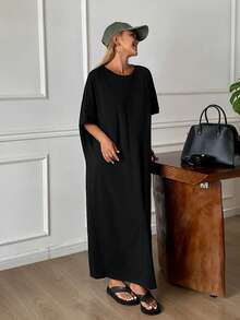 DAZY Women's Round Neck Short Sleeve Loose Long Casual Dress - Black - View 7