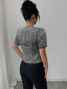 Selianne 女士优雅修身提花撞色波浪纹缎带短袖衬衫，女士工作上衣，优雅商务职业女装，办公室女装，女士休闲时尚套装 - 黑與白 - 查看 2