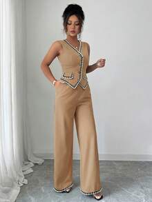 Selianne Women's Summer Elegant Office Camel Two Pieces Set,V-Neck Vintage Button Sleeveless Knitted Small Vest With Pocket Flap&Contrast Color Trim Hem Wear - Khaki - View 3