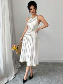 Franclia New Vintage Striped Patchwork Contrast Color Round Neck Sleeveless Knitted Dress For Women - Apricot - View 6