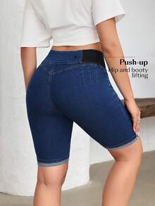 Slaydiva Women's Casual Elastic Waist Cuffed Hem Denim Shorts - Dark Wash - View 2