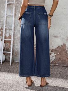 EMERY ROSE Mature Denim 女士宽松双口袋阔腿休闲牛仔裤，适合夏季嘉年华、通勤、度假、毕业典礼等场合，时尚百变，可爱街头风，适合派对、婚礼、商务休闲等场合。女士深色水洗阔腿牛仔裤，前口袋设计，中腰复古风格，时尚百搭。女士中度水洗阔腿牛仔裤，卷边裤脚，宽松版型，适合日常穿着。 - 藍色 - 查看 3