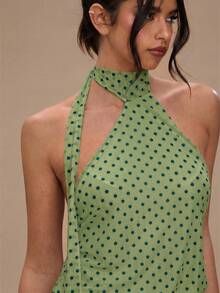 SHEIN BAE Women's Polka Dot Print Fashionable Backless Halter Mini Dress,Summer Dresses For Women - Olive Green - View 5