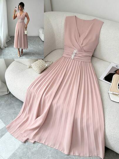 Elenzga Women's Elegant Romantic V-Neck Sleeveless Pleated Dress