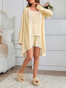 Cute Little Lemon Print 3 Pieces Pajama Set With A Lace Detailed Robe Comfortable Lounge Wear - White - View 4