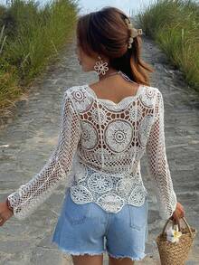 DAZY Women's Hollow Out Knit Blouse, Suitable For Beach, Holiday, Vacation Summer - White - View 2