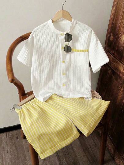 SHEIN Tween Boys' Commuter Casual Textured Striped Fabric Stand Collar Shirt & Striped Shorts 2 Pieces Set, Comfortable & Fashionable