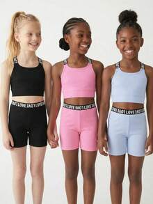 SHEIN Bộ đồ thể thao thường ngày 6 món cho bé gái tuổi teen, chất liệu dệt kim, màu trơn, gồm áo hai dây và quần short in chữ. - Màu Hồng  Dưa hấu - Xem 1