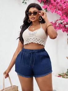 SHEIN Slayr Quần short denim ôm sát, cạp chun, cỡ lớn, màu xanh dương - Rửa tối - Xem 7