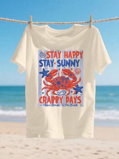 DrmWander 度假风“螃蟹日”T恤，饰以海洋元素和蓝色条纹。印花休闲大码T恤。