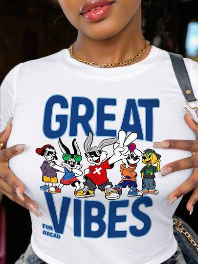 DrmWander Women's Letter & Cartoon Print Round Neck Short Sleeve Casual T-Shirt