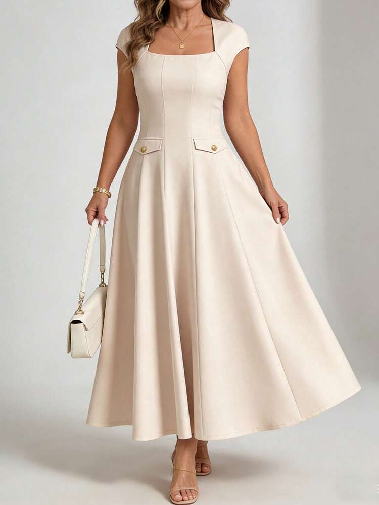 Ivory White Square Neck Fitted Waist Flowy Midi Dress Elegant Formal Party Wedding Guest Bridesmaid Outfit White Dress White Top Elegant Dresses For Women Formal Dresses For Women Party Dresses For Women Wedding Guest Dresses,Summer Dress,Office Outfits For Women,Work Outfits For Women,Graduation Outfit For Mother,Wedding Guest Dress For Women,Summer Outfits For Women