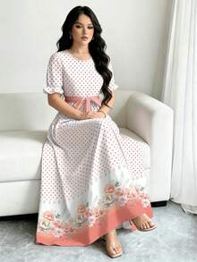 Modelyn Polka Dot & Gradient Floral Print Maxi Dress, Women's Fashion Round Neck Short Puff Sleeve Design With Belt Waist Midi Dress, Elegant Summer Dress Suitable For Vacation & Daily Wear - Multicolor - View 4