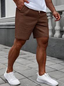 Manfinity Homme 男士纯色抽绳腰带口袋休闲百搭短裤 - 棕色 - 查看 3