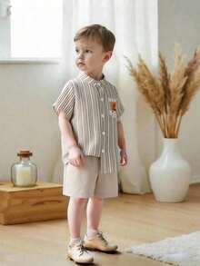 SHEIN Genkimix Kids 2pcs/Set Toddler Boys' Outfit,Khaki Striped Bear Print Short Sleeve Shirt+Solid Shorts,Linen Summer,Family Matching Retro Casual Suit For 7 Years Old - Multicolor - View 1