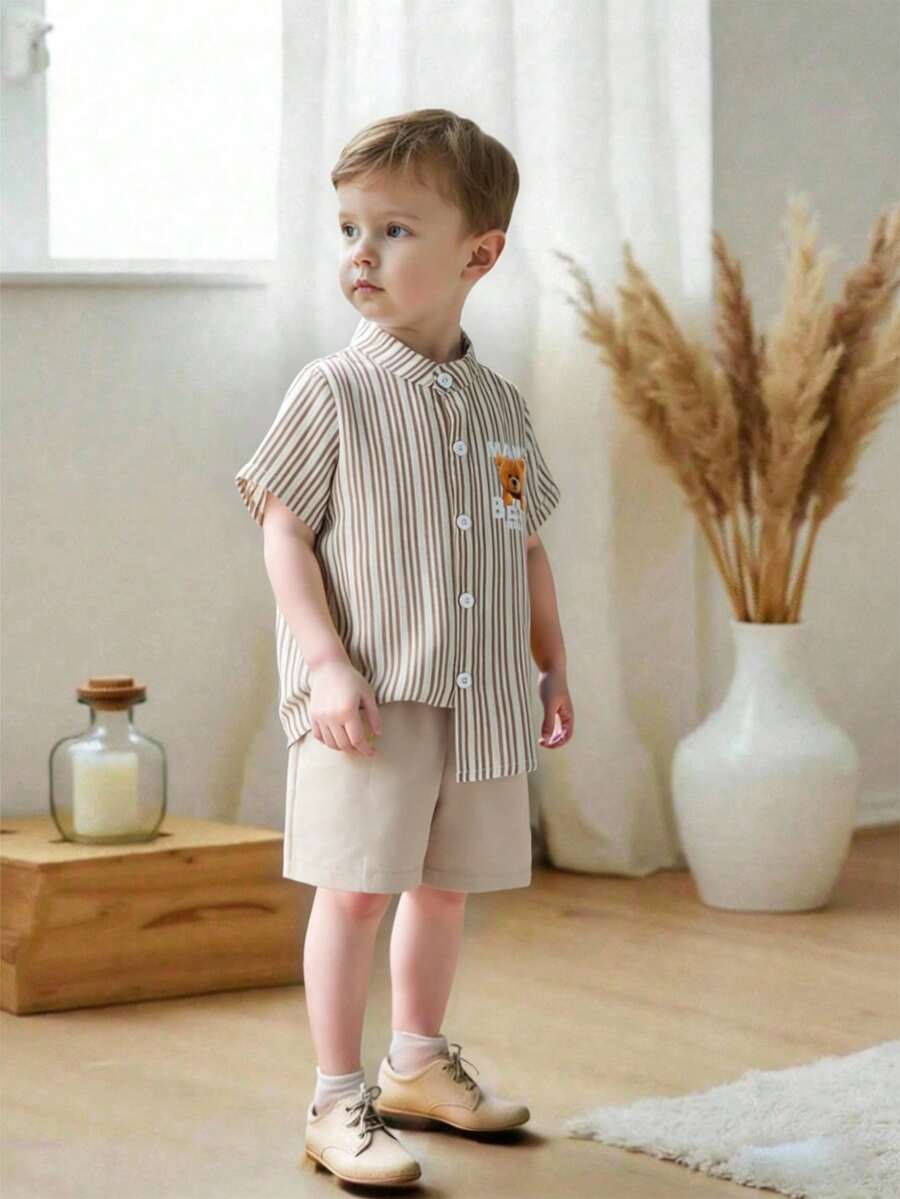 SHEIN Genkimix Kids 2pcs/Set Toddler Boys' Outfit,Khaki Striped Bear Print Short Sleeve Shirt+Solid Shorts,Linen Summer,Family Matching Retro Casual Suit For 7 Years Old - Multicolor - View 1