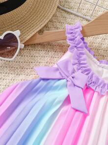 SHEIN Đầm ombre nhiều màu sắc mới cho bé gái, đầm xếp ly ombre bằng vải dệt, đầm 3 lớp màu hồng trơn trang trí nơ phía trước, phù hợp cho bé gái, dễ thương, thanh lịch, thời trang thường ngày, thích hợp cho đi học, đi chơi, nghỉ lễ, mùa xuân/hè. - hồng tím - Xem 8