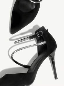 SHEIN X Lucía Bellido CUCCOO CHICEST Woman Shoes Rhinestone Decor Point Toe Stiletto Heeled Ankle Strap Faux Suede Black Shoes For Summer Graduation Heels Prom Heels Vacation Shoes Summer Elegant Heels Back To School Shoes College Student Shoes Spring Shoes Spring Break Easter For Christmas Elegant Shoes Wedding Shoes Spring Shoes Bride Shoes - Black - View 7