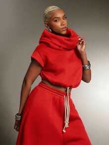 Denimoi 高领连帽多功能毛圈布卫衣上衣 时尚街头风连帽衫 - 紅色 - 查看 4