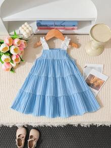 SHEIN Vintaside Kids 女婴浅蓝色可爱3D立体花朵荷叶边吊带连衣裙，适合夏季休闲、度假、甜美、优雅、通勤等场合穿着 - 藍色 - 查看 2