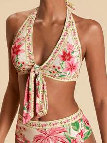 Travachic Bộ bikini gợi cảm buộc dây phía trước, họa tiết hoa, dành cho nữ, thích hợp mặc đi biển mùa hè. - Nhiều màu - Xem 3