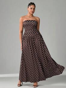 SHEIN Tall CURVE Vestido de verano con estampado de lunares, sin tirantes y ajustado para tallas grandes - Marrón - Ver 10