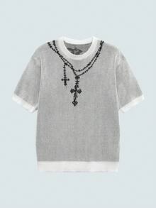 Modcrash Blusa de punto de manga corta con cuello redondo, estilo europeo y americano, con patrón de bordado de cruz, de estilo colorblock elegante, de corte relajado, adecuada para uso diario y atuendos de verano, de la marca ANDREILEE, colección primavera/verano. - Blanco - Ver 3