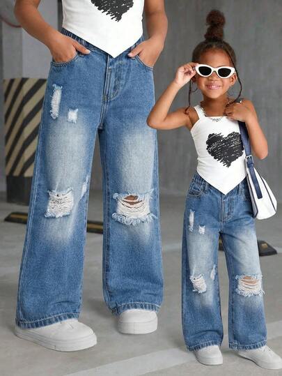 Sparklyn Girls' Loose Fit Distressed Denim Jeans, Casual Relaxed Straight Leg Pants, Comfortable Elastic Waist, Suitable For Summer, Versatile For Vacation, Music Festival, School, Commute, Party And More