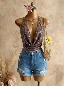 SHEIN BamGlam New Y2K Sexy Sequin Top V-Neck Halter Crop Top, Sleeveless Solid Color High-End Chic Slim Fit Versatile Tee Sexy Music Festival Deep V-Neck Halter Top With Exposed Back And Camisole,Perfect For Music Festival & Vacation During Spring/Summer,Women's Music Festival Party Rhinestone Backless Halter Neck Cami Top Y2K Holiday Party Women's Summer Outfits Boho Outfit For Women Party Outfits For Women Boho Chic Women's Clothing - Coffee Brown - View 1