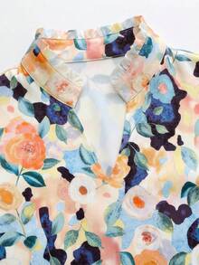 Franclia Women Boho Ruffle Random Print Notched Neck Regular Cap Sleeve Shirt - Blue - View 3