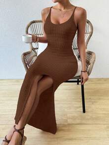 Breezaya Đầm dệt kim hai dây ôm sát, màu trơn, xẻ tà bên hông dành cho nữ - Màu nâu Sô-cô-la - Xem 4