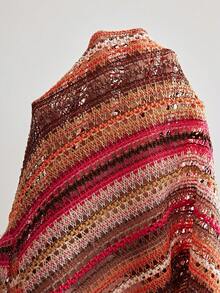 Bohemela Women's Pink Stripe Y2K Summer Boho Vacation Imitation Crochet Knitted Asymmetrical Placket T-Shirt,Bohemian Music Festival Casual Short Sleeve Top - Multicolor - View 9