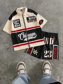 PAVTROS Plus Size Men's Letter Print Zip-Up Short Sleeve Shirt And Drawstring Waist Shorts Casual Daily Outfit - Multicolor - View 1