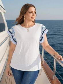 Rosumi Plus Size Women's Summer Boho Vacation Holiday Blue And White Floral & Striped Patchwork Ruffle Short Sleeve Blouse Top,Country Concert Outfits - Multicolor - View 7