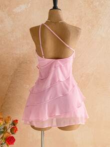 SHEIN WYWH 女士纯色荷叶边单肩无袖迷你连衣裙 - 粉色 - 查看 5