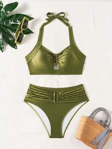 Swim Lushoire Women's Olive Green Bikini Set,U-Neck High Waist 2 Pieces Bathing Suits,Summer Casual Beach Vacation Holiday Swimwear Set - Olive Green - View 4