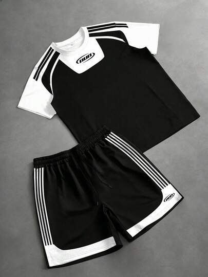 Manfinity EMRG 男士撞色拼接T恤和短裤套装