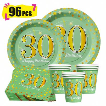 Green Background Diamond Happy 30th Birthday Disposable Plates, Napkins And Cups, Party Supplies Set, Serves 24 People, Disposable Paper Party Tableware, Suitable For Birthdays, Weddings, Themed Parties And Family Picnics.