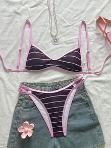 Swim Mod 女士夏季沙滩条纹印花吊带露背比基尼上衣和侧系带三角泳裤套装，甜美休闲，适合度假 - 彩色 - 查看 5