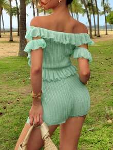 ROMWE Avant 优雅热带岛屿风情针织蕾丝系带毛衣两件套女装 - 薄荷綠 - 查看 2