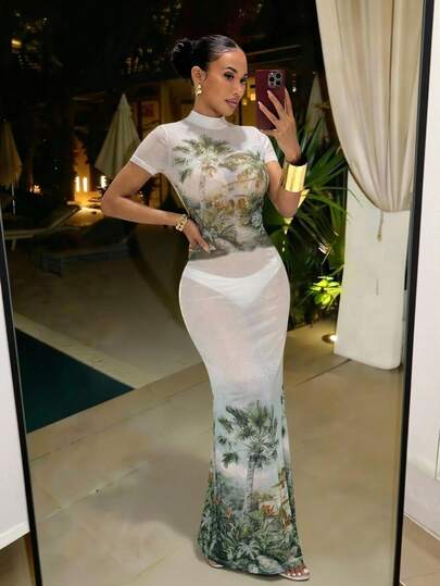 Slaydiva Net Fabric Sexy See-Through Fitted Long Dress  Graphic Dress White Dresses For Women  Holiday Outfits For Women Birthday Outfits For Women  New Arrival Spring/Summer Music Festival, Valentine's Day, Easter Casual Minimalist Basic Y2K Streetwear Sweet Hot Selling Everyday Date Sexy Sporty Collared Short Sleeve Fitted Dress, White Base Forest Tree Branch Oil Painting Allover Print For Women