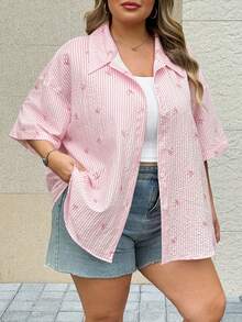 SHEIN CURVE+ Áo kiểu nữ cỡ lớn in hoa, tay dài, bèo nhún, dáng rộng, thích hợp mặc ngoài trời, ngày Valentine. - màu đen - Xem 4