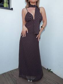 Jeta Ari 女士圆点印花露背吊带连衣裙 - 棕色 - 查看 3