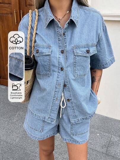 DAZY Women's Casual Washed Pocket Shirt And Denim Shorts Set, Summer