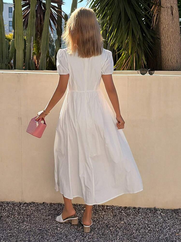 Women's Elegant Solid Color Square Neck Petal Sleeve White Mid-Length Dress, Summer Sundress