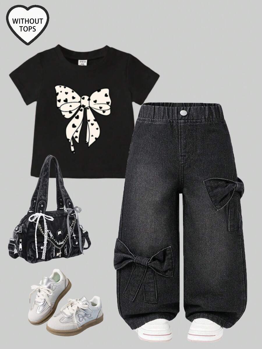 SHEIN Quần jeans ống đứng dáng rộng, thoải mái, dễ phối đồ, có nơ và túi, dành cho bé gái, thích hợp mặc hàng ngày. - Màu xám đen - Xem 1