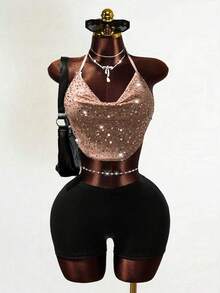 Mistrie Women's Sexy Party Halter Neck Sequin Cami - Sparkling Glamour - Dusty Pink - View 1