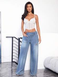 Denimoi 侧穿牛仔裤 时尚街头风个性牛仔裤 - 中等水洗藍 - 查看 3