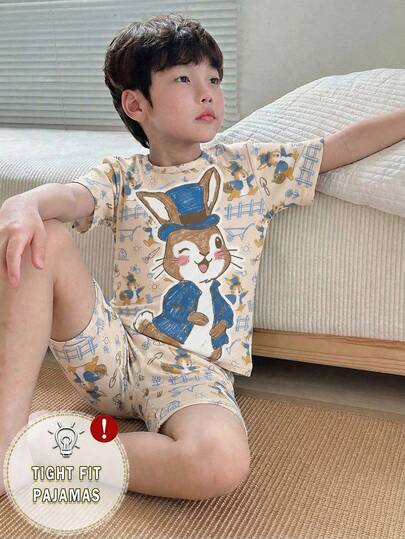 2pcs/Set Young Boy Easter Bunny Print Short Sleeve Top And Shorts Pajama Set