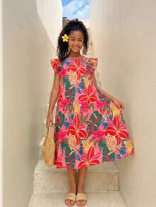 SHEIN Đầm cổ tròn xếp ly họa tiết hoa nhiệt đới nhiều màu sắc cho bé gái, thích hợp mặc cùng mẹ. - Nhiều màu - Xem 3